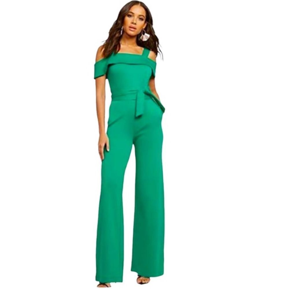 New York & Company Green Off-Shoulder Wide-Leg Jumpsuit